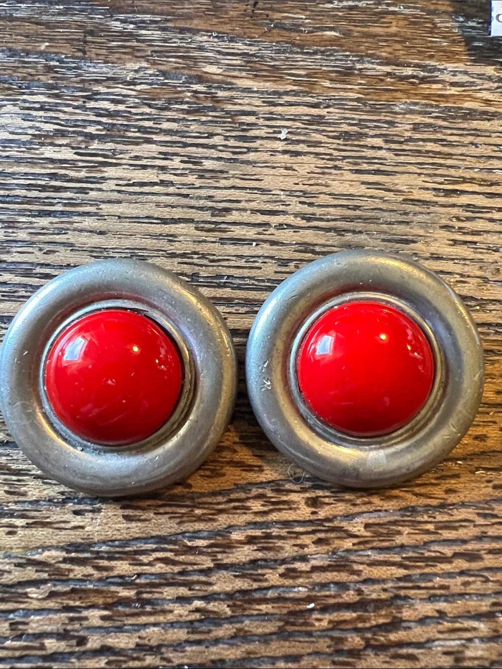 Vintage large Ben Amun Silver tone red cabochon clip on earrings